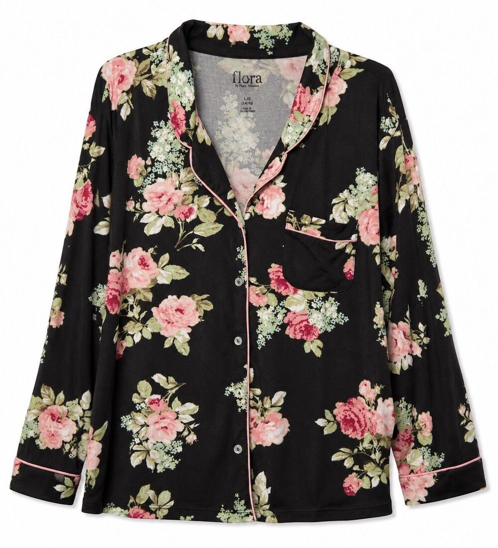 Flora By Flora Nikrooz Pajama Top Women's Large Black Floral Button Long Sleeve